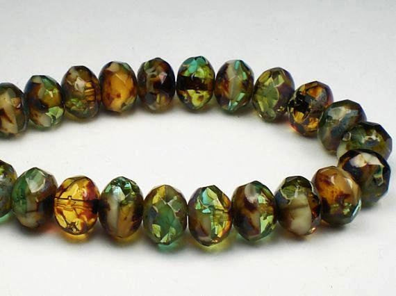 Woodsy Aqua, Green, Amber and Ivory Picasso Czech Glass Beads 6 x 8mm Faceted Rondelles 10 Pcs. RON8-098