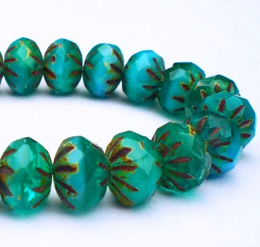Czech Glass Picasso Sky Blue and Emerald Green Faceted Cruller Beads 9mm 10 Pcs. C-403