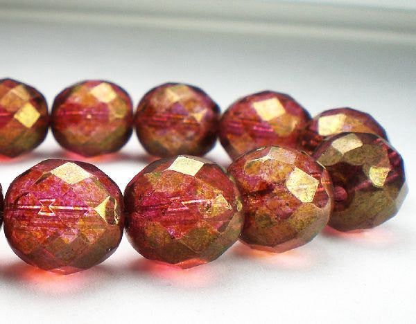 Czech Glass Picasso Beads 12mm Pink Faceted Round Beads with Brown Finish 8 Pcs. R-429