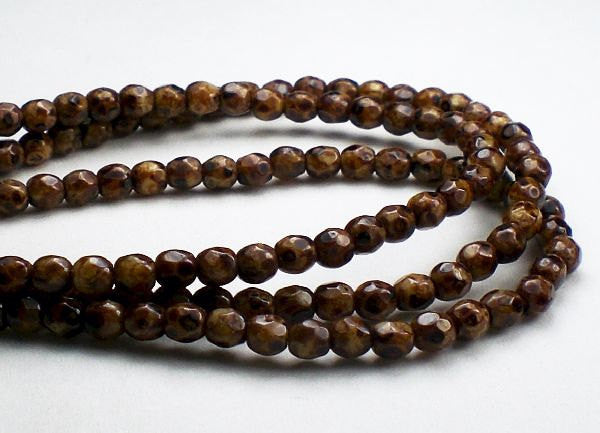 Brown Picasso Czech Glass Fire Polished 3mm Faceted Round Beads 100 pcs. 3mm/113