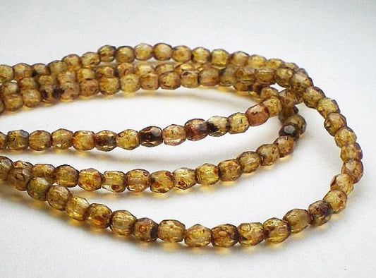 Amber Picasso Czech Glass Fire Polished 3mm Faceted Round Beads 100 pcs. 3mm/170