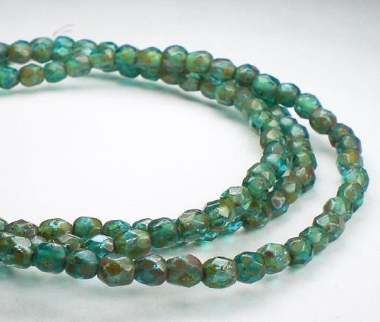 Aqua Turquoise Picasso Czech Glass Fire Polished 4mm Faceted Round Beads 100 pcs. 4mm/168