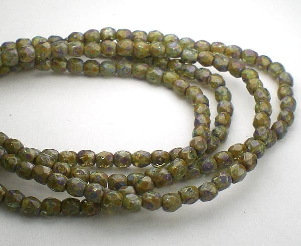 Green Picasso Czech Glass Fire Polished Faceted Round Beads 100 pcs. 3mm/035