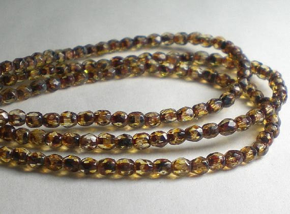 Amber with Brown Picasso Czech Glass Fire Polished 3mm Faceted Round Beads 100 pcs. 3mm/162/B