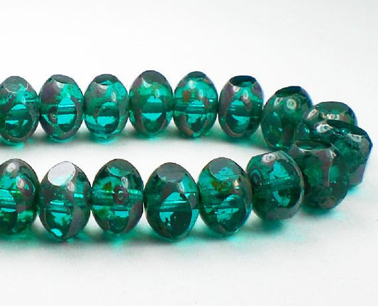 9mm Sea Green Picasso Czech Glass Beads Emerald Quadries Faceted Rondelle Beads 10 Pcs. Q-460