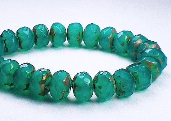 Emerald Green Picasso Czech Glass Beads 6 x 8mm Faceted Rondelle Beads 10 Pcs. RON8-567
