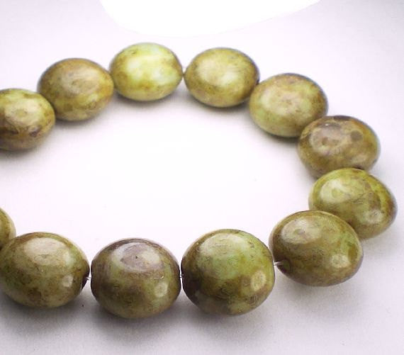 Picasso Czech Glass Beads 10mm Green Lentil Reddish Brown Picasso 15 Pcs. L-352