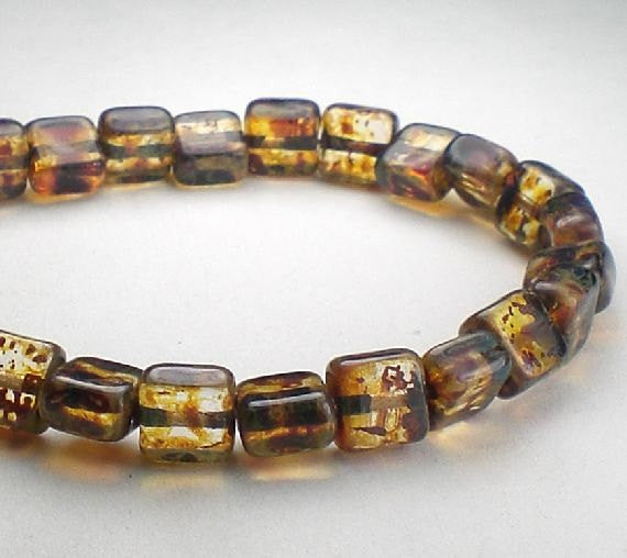 Picasso Czech Glass Beads 5mm Square Amber Bead with Brown Picasso 25 Pcs. S-902