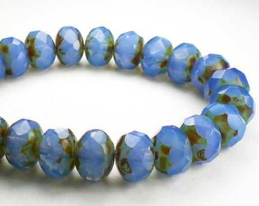 Picasso Czech Glass Beads 6mm x 8mm Cornflower Opalite Blue Faceted Rondelles 10 Pcs. RON8-575
