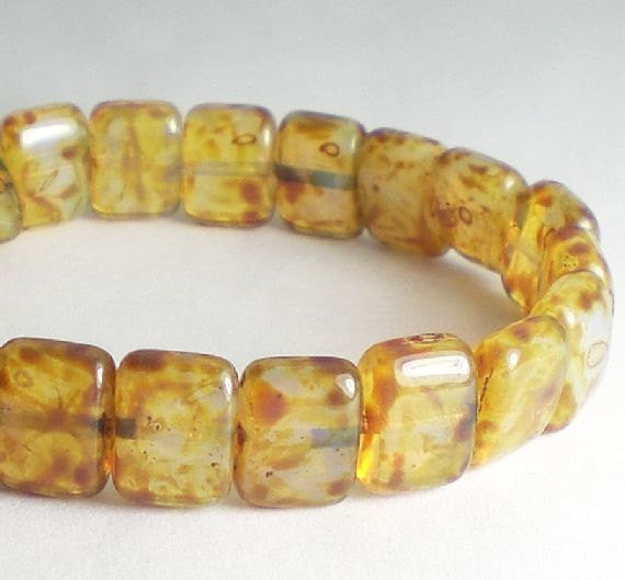 Picasso Czech Glass Beads 8mm x 10mm Rectangular Creamy Off White Bead with Brown Picasso 25 Pcs. S-885