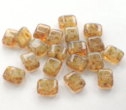 Picasso Czech Glass Beads 8mm x 10mm Rectangular Creamy Off White Bead with Brown Picasso 25 Pcs. S-885