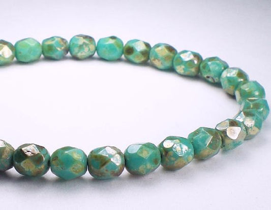 Turquoise Green and Silver Picasso Czech Glass Fire Polished 4mm Faceted Round Beads 30 pcs. 6mm/143