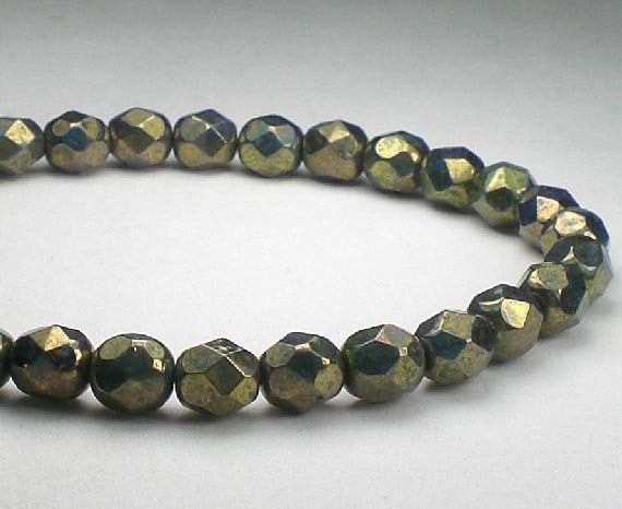 Turquoise with a Bronze Picasso Czech Glass Fire Polished 6mm Faceted Round Beads 30 pcs. 6mm/063