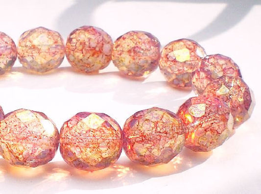 Czech Glass Picasso Beads 12mm Pink Opal Faceted Round Beads Fire Polished 8 Pcs. R-490
