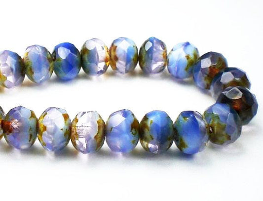 Picasso Czech Glass Beads 6mm Faceted Satin Blue with Lavender and Picasso Rondelles 15 Pieces RON6-756-B
