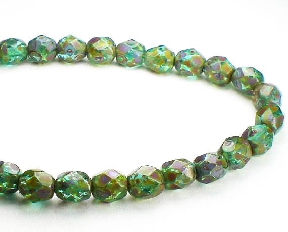 Aqua Picasso Czech Glass Fire Polished 6mm Faceted Round Beads 50 pcs. 6mm/145