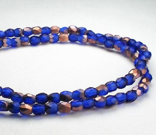 Matte Sapphire Blue Copper Picasso Czech Glass Fire Polished 3mm Faceted Round Beads 100 pcs. 3mm/074