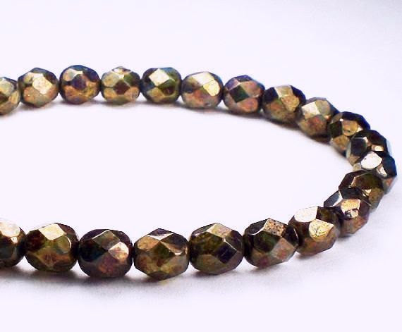 Opal Green with a Bronze Picasso Czech Glass Fire Polished 4mm Faceted Round Beads 30 pcs. 6mm/007