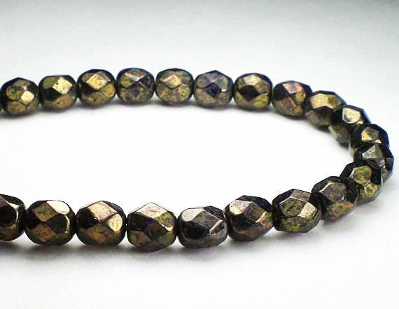 Amethyst with an Antique Bronze Picasso Czech Glass Fire Polished 6mm Faceted Round Beads 30 pcs. 6mm/013