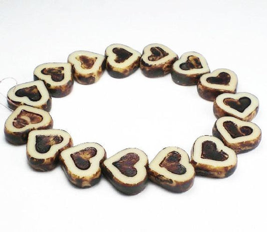 Czech Glass Beads Ivory with Brown Picasso Carved Heart Beads 6 Pcs. H-374
