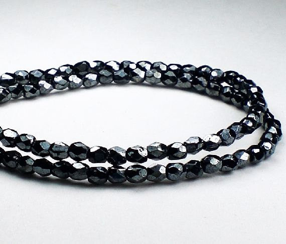 Hematite Black 3mm Czech Glass Fire Polished Faceted Round Beads 100 pcs. 3mm/052