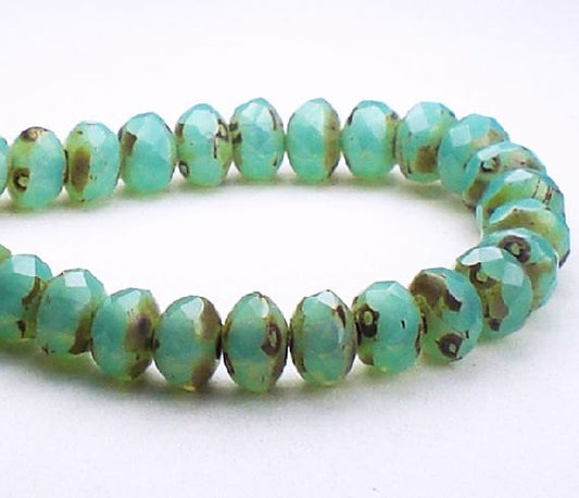 Czech Glass Beads 3 x 5mm Faceted Turquoise with Picasso Finish Rondelles 30 Pieces RON5-995