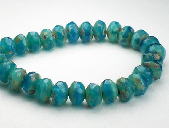 Faceted Picasso Czech Glass Beads 3 x 5mm Capri Blue and Turquoise Rondelles with Picasso 30 Pieces RON5-964