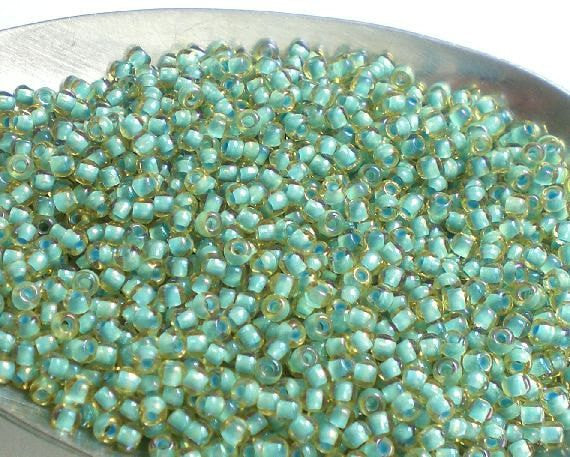 Light Topaz SEAFOAM GREEN  Lined TOHO Round 11/0 Japanese Seed Beads 15 grams T400-11