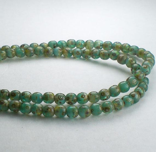Turquoise Green Emerald Picasso Czech Glass Druk Bead 3mm Round Beads 100 pcs. D3/058-B
