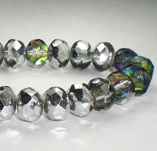 Vitrail Green Blue Silver Czech Glass Beads 6x8mm Faceted Rondelle Beads 10 Pcs. RON8-436
