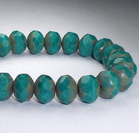 8mm Dark Turquoise Picasso Czech Glass Beads Rondelle Beads 10 Pcs. RON8-643