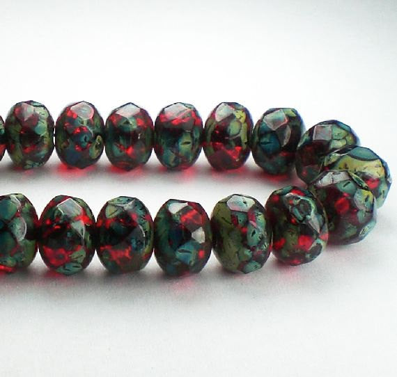 Ruby Red Picasso Czech Glass Beads Faceted Rondelle 6mm x 8mm Green and Blue Finish 10 Pcs.  RON8-681-B