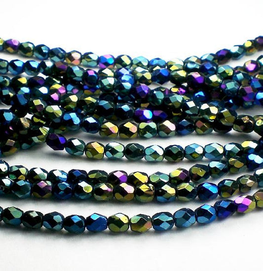 Black Iris Blue Green Czech Glass Fire Polished 4mm Faceted Round Beads 100 pcs. 4mm/127