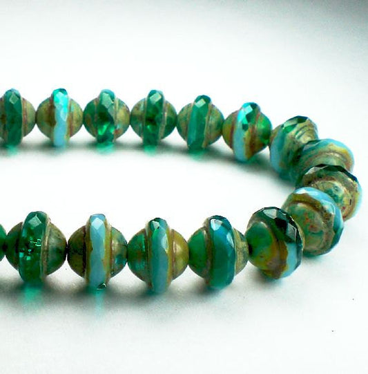 Green Emerald and Sky Blue UFO Czech Glass Beads 8x10mm 10 Pcs. UFO-654