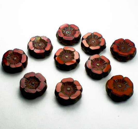 12mm Orange Carved Flower Picasso Czech Glass Beads with Picasso Finish 10 pcs. F-054 - Royal Metals Jewelry Supply