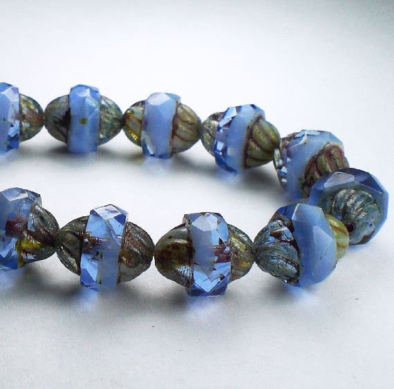 10 Opaque and Translucent Sapphire Blue Bicone Beads, Mixed Blues Turbine beads, Picasso Czech Glass Beads, Faceted Beads 11mm Faceted Beads T-124