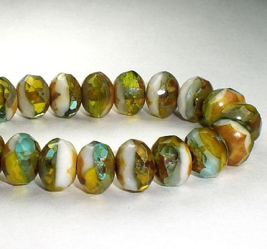 6x8mm Picasso Czech Glass Beads Faceted Rondelles Green, White Aqua and Yellow with Amber Picasso 10 Pcs. 285 - Royal Metals Jewelry Supply