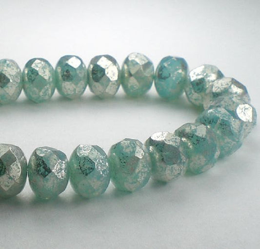 Czech Glass Beads 6x8mm Aqua Blue with Mercury Glass Look Finish Faceted Rondelles 10 Pcs. RON8-260