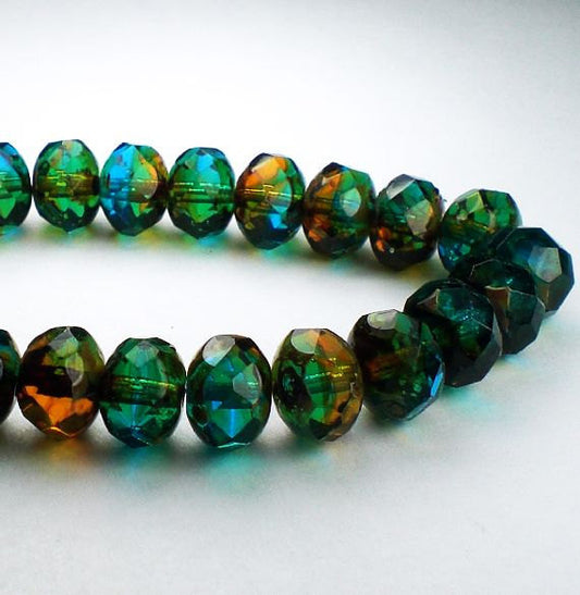 Picasso Czech Glass Beads 8mm Capri Blue and Amber Faceted Rondelle Beads 10 Pcs. RON8-051