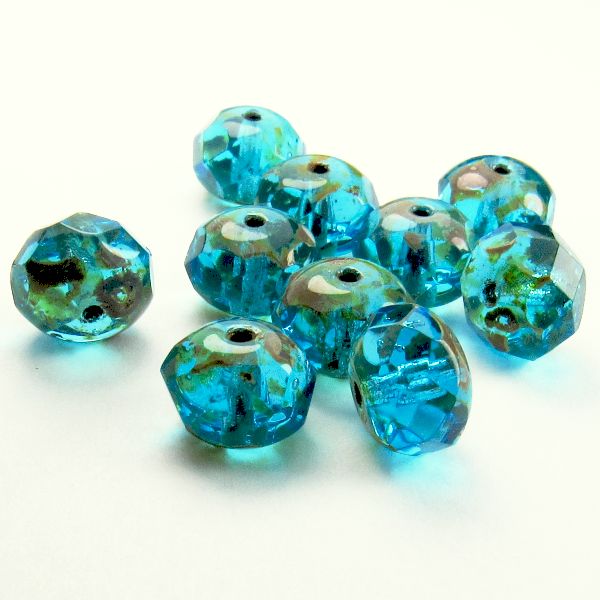 Picasso Czech Glass Beads 8mm Capri Blue Faceted Rondelles 10 Pcs. 613